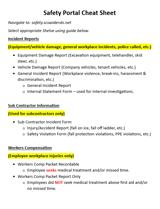 Safety Portal Cheat Sheet SCS Safety